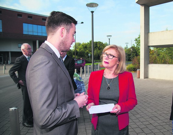 ULSU President, Colin Clarke presents Minister for Education & Skills, Jan O'Sullivan with a letter on behalf of the students of UL. Photo: University of Limerick Communications Office. Photo: University of Limerick Communications Office